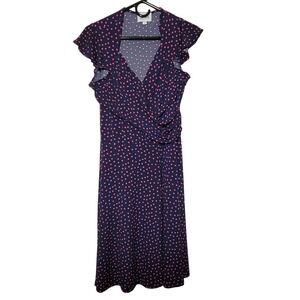 Leota Navy Pink Polka Dot Ruffle Sleeve Faux Wrap Midi Dress XL